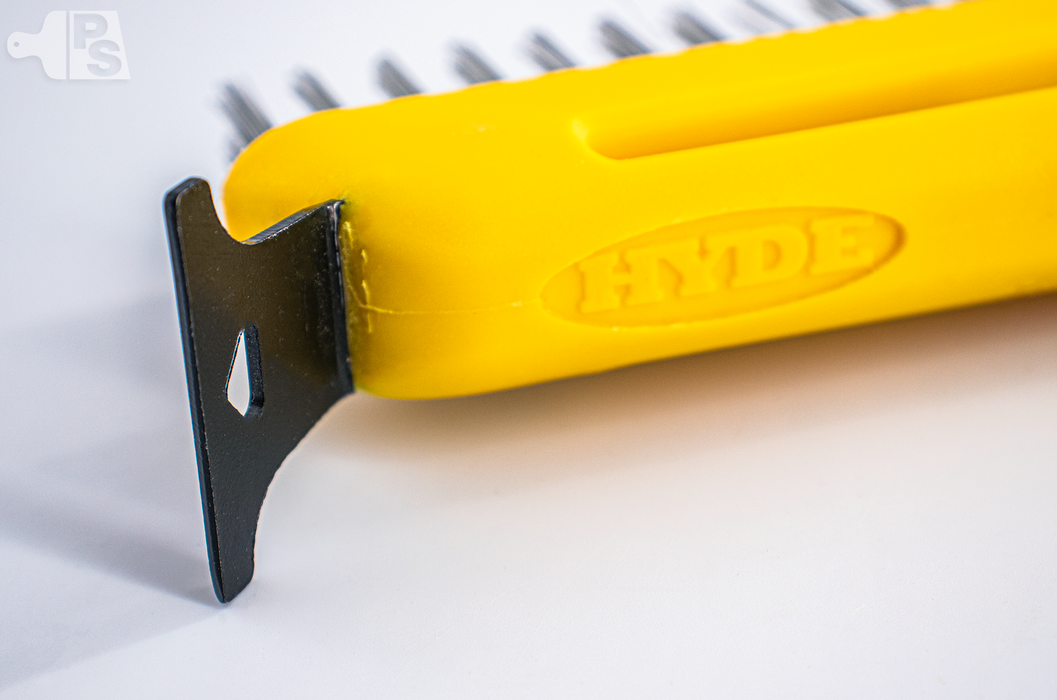 Hyde Straight Row Stainless Steel Wire Brush with Scraper - close up 3