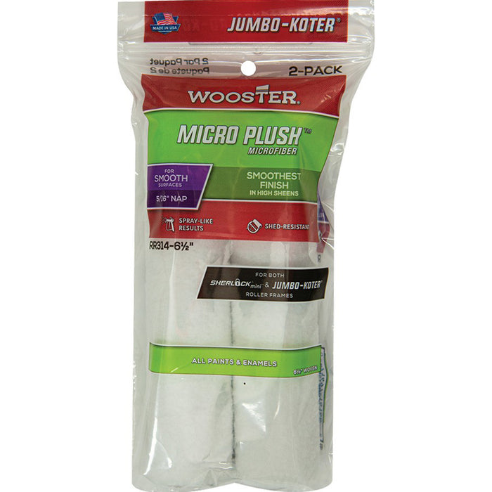 Wooster RR314 6-1/2" White Jumbo-Koter Micro Plush 5/16" Nap Mini Roller Cover 2Pk