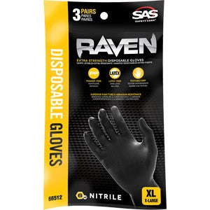 SAS 66511 LARGE 7mil Black Raven Nitrile Disposable Gloves Powder Free (3pk)