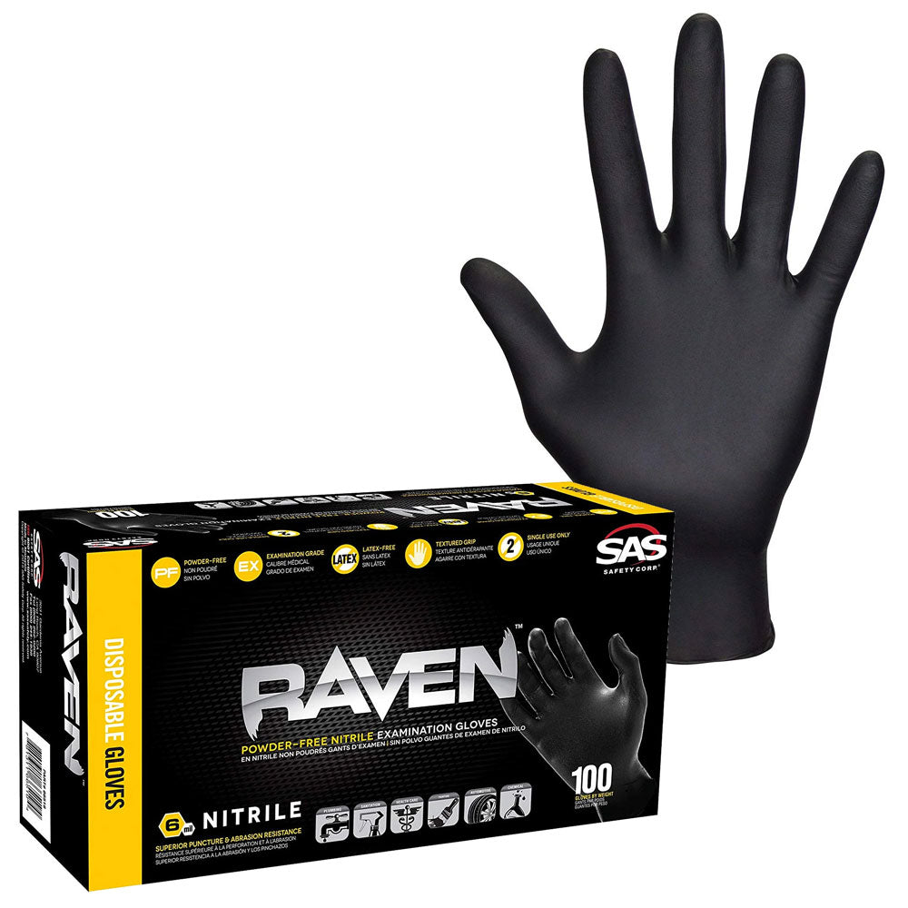 SAS 66518 Raven Powder Free Exam Grade Disposable Gloves Black Large
