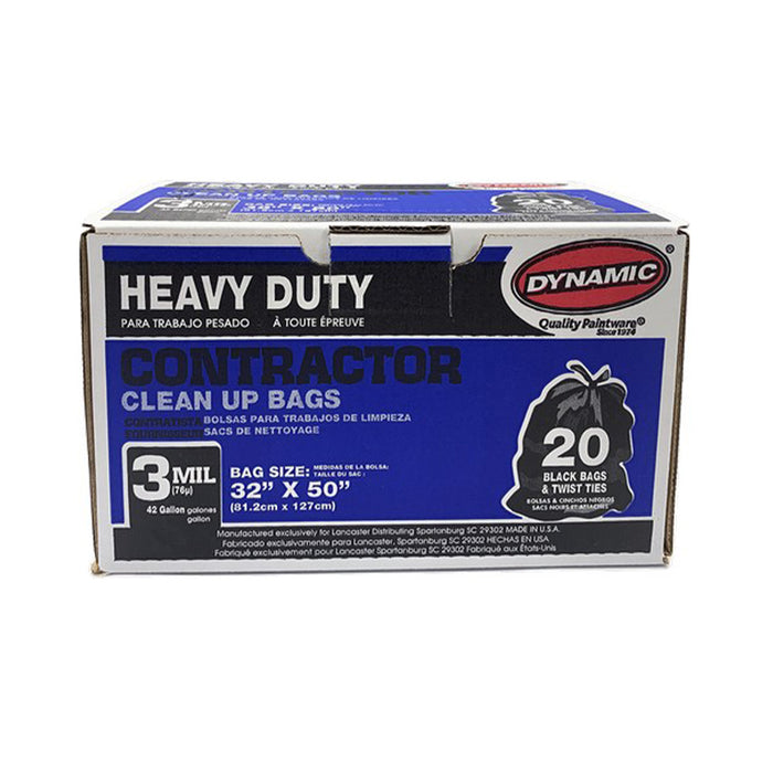 Dynamic 00700 Heavy Duty Black Contractor Bags, 3mil, 42 Gallon, 32 x 50,  20 Bags w/ Twist Ties